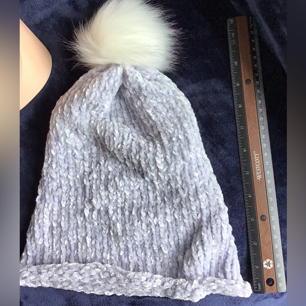 Stylish Chilled Light Blue and White Colored Knit Chenille Beanie w Pom Pom